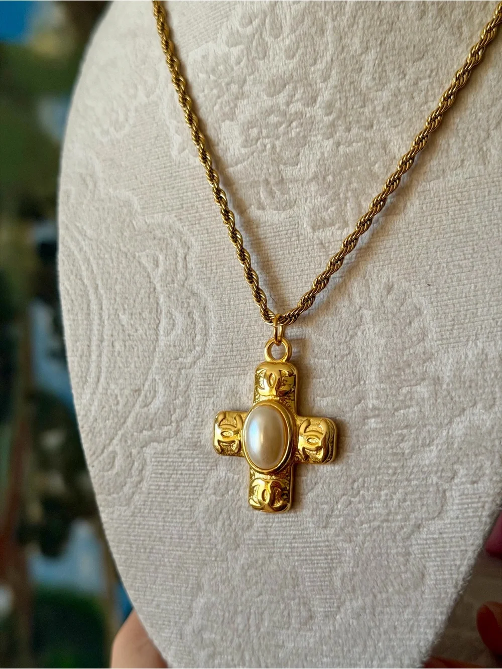 Gold Chanel Cross CC Pendant Necklace with Pearl Center